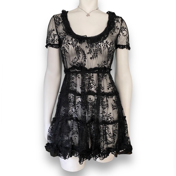 Dolls Kill Dresses & Skirts - Widow | NWT’s cyber Y2K gothic grunge babydoll lace mini dress with ribbon